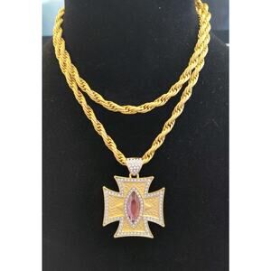 Loree Rodkin Maltese Cross Pendant 20X8.5mm Pink Marquise 32" Matte Rope Chain